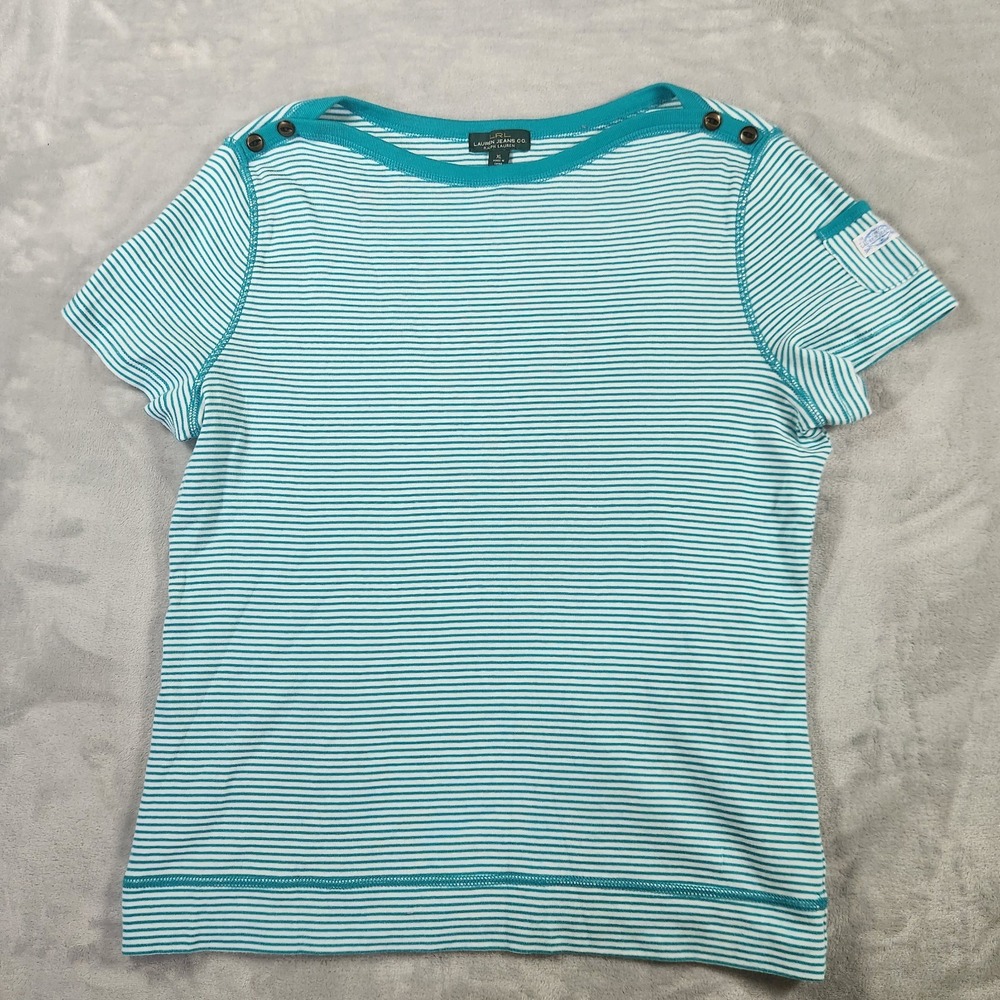 LRL Lauren Jeans T Shirt Top Womans XL Striped Teal Short Sleeve Buttons
